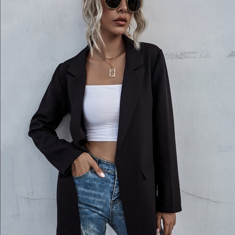Black collar open front classic blazer work - Picture 5 of 11